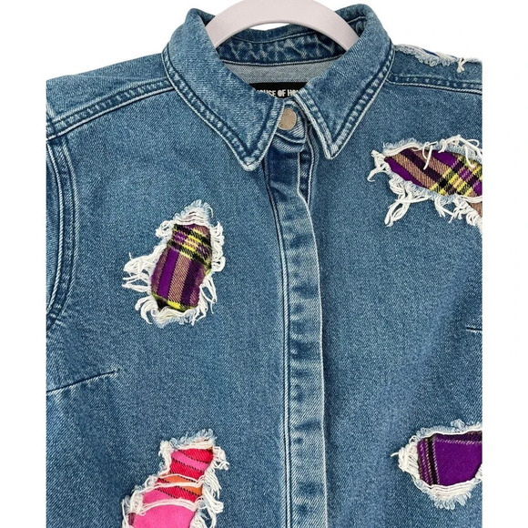 House of Holland Patchwork Denim Distressed Jean Shirt Snap size US 2 - Picture 5 of 13